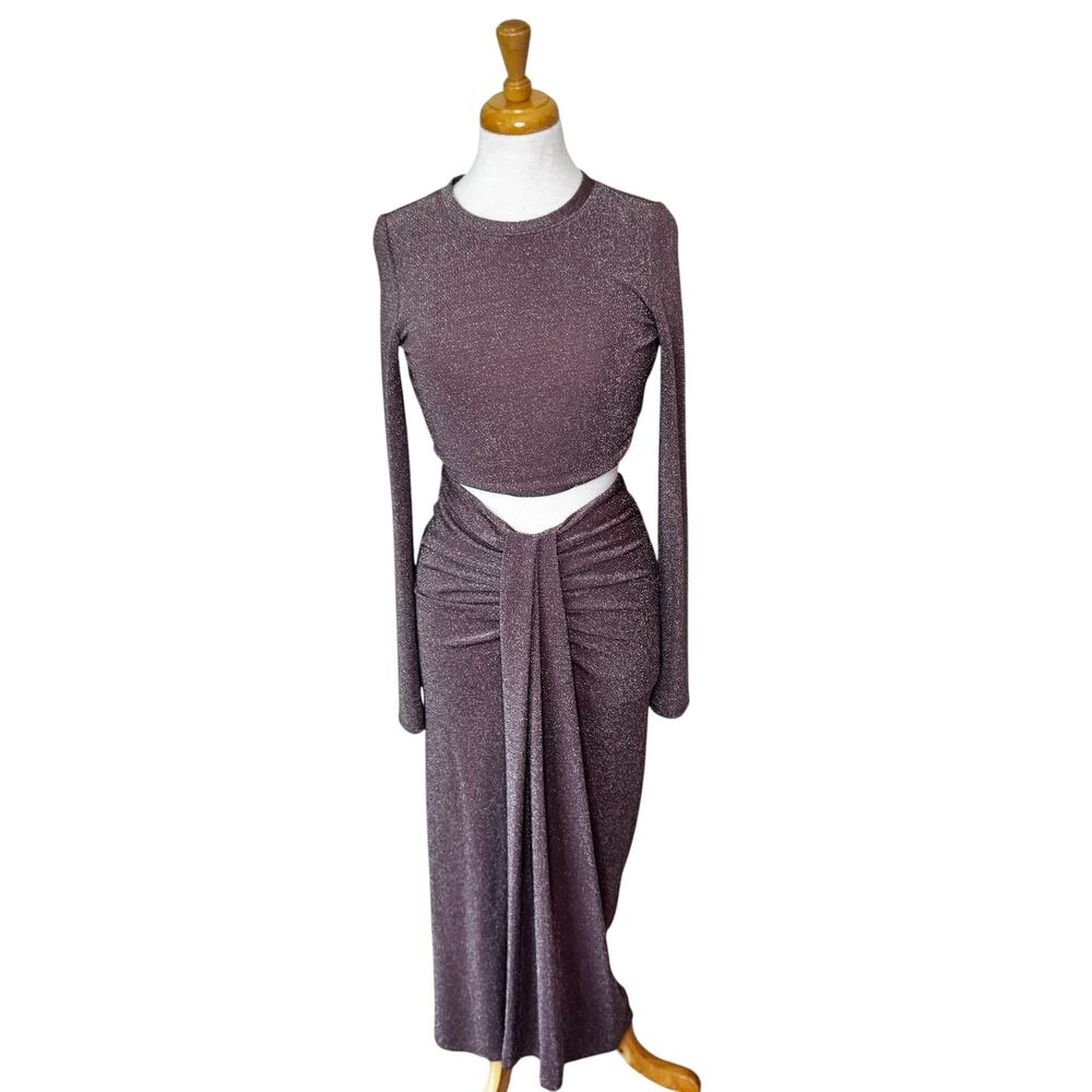 REFORMATION Zion Two Piece Set Purple & Silver Metallic Crop Top + Maxi Skirt